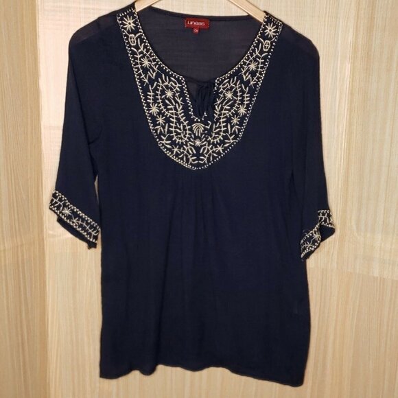 Lineas  Boho Gauzy Navy 3/4 Sleeve Tunic Small - Picture 1 of 7